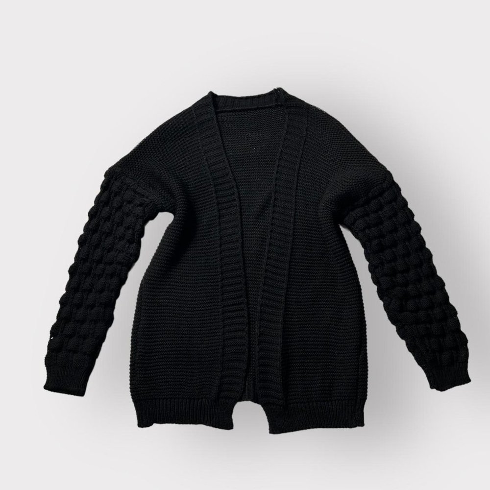Black open cardigan with textured puffy sleeves. Made in Italy. Size XS/S